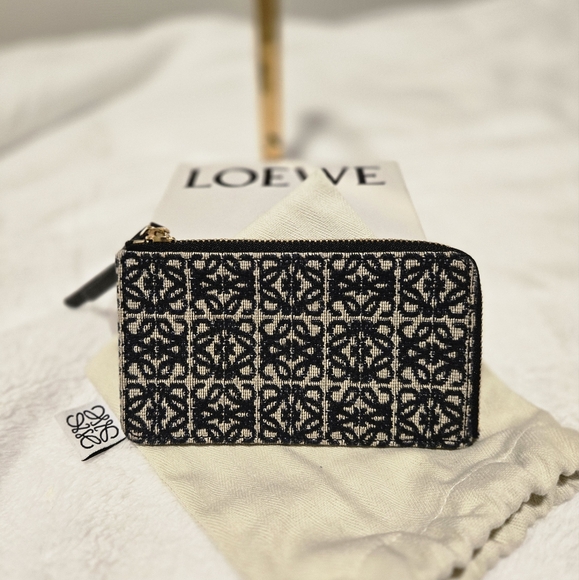 LOEWE Canvas Jacquard Calfskin Anagram Coin Card Holder Navy Black - Picture 1 of 4